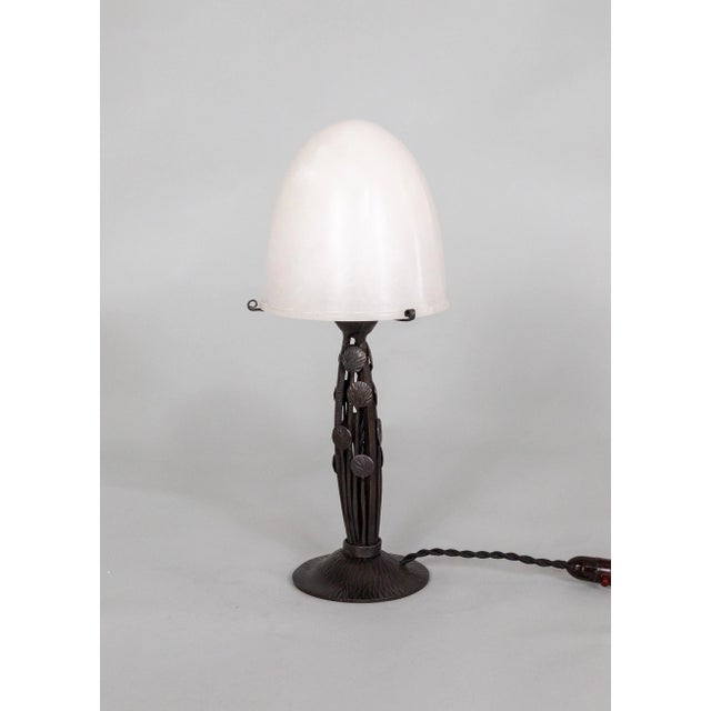 Metal 1920s Art Deco Iron Table Lamp with Alabaster Shade by Marcel Vasseur For Sale - Image 7 of 12