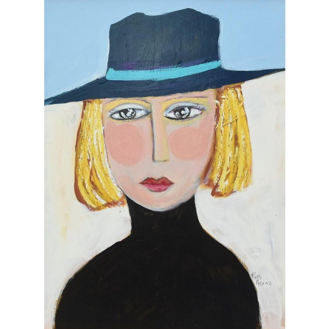 Original French Blonde Mademoiselle Portrait Painting Black Hat Including Antiqued Gold Wood Frame For Sale - Image 4 of 9
