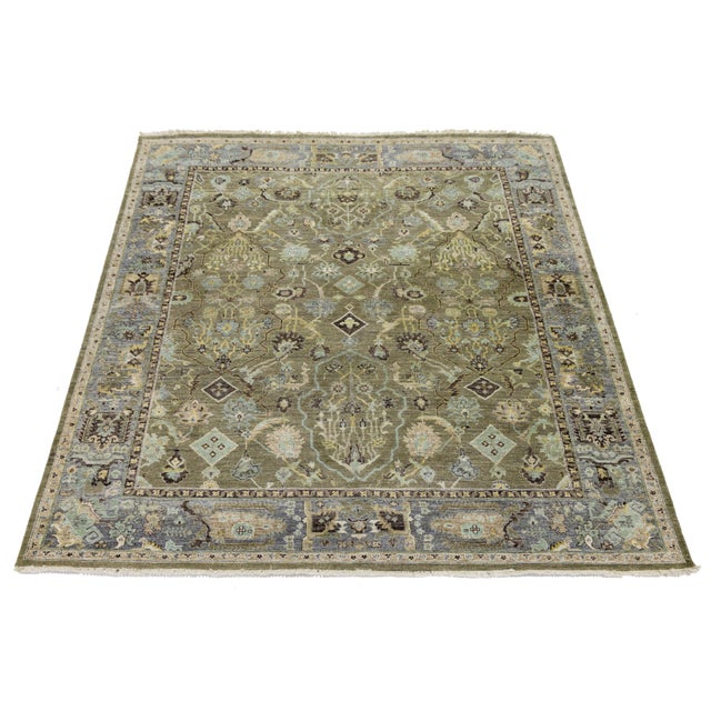 Indian Modern Indian Heriz Style Wool Rug Handmade in Muted Green With Allover Design For Sale - Image 3 of 10