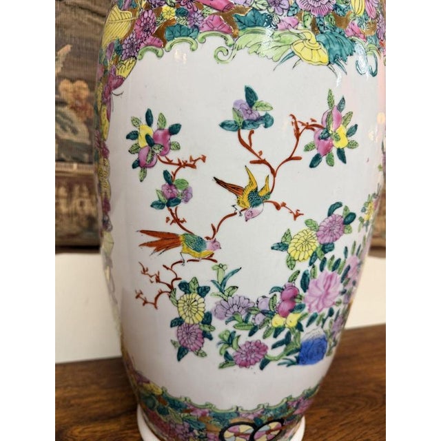 Vintage Hand-Painted Famille Rose Ceramic Vase For Sale - Image 4 of 5