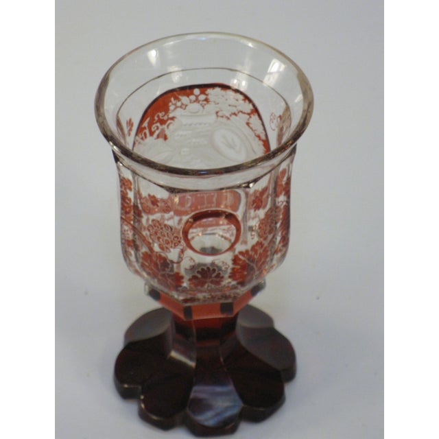 Art Deco Cup Goblet Bohemian Glass Ruby Flashed Cut Engraved Cornucopia Antique Grand Tour For Sale - Image 3 of 17