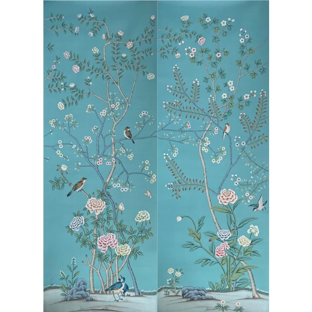 Turquoise Chinoiserie Style Hand-Painted Wallpaper, Turquoise Floral & Bird Mural, Wall Panels for Living Spaces For Sale - Image 8 of 9
