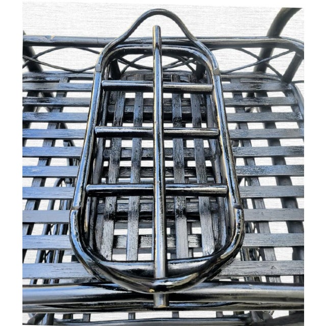 Serena & Lily Vintage Painted Black Gloss Rattan Coastal Regency Rolling Bar Cart With Silverware Tray For Sale - Image 4 of 8