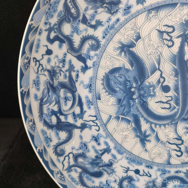 White Chinese Ceramic Plate,Qianlong Marked Blue and White Porcelain Plate Hand Painted Dragon Pattern For Sale - Image 8 of 11