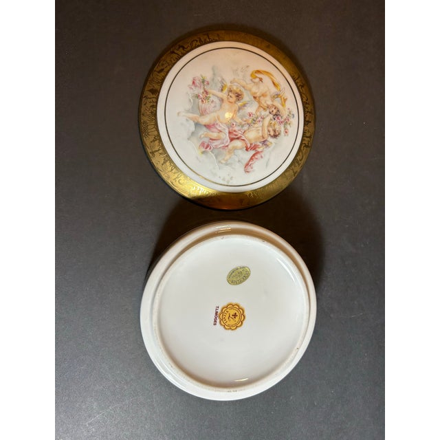 Ceramic Vintage Limoges Porcelain Hand Painted Dresser Box and Tray ~ Cherubs Ornate Gold & Bronze Edges For Sale - Image 7 of 12