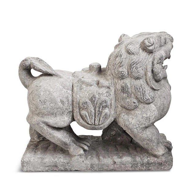 Vintage hand carved Ming lion from China. European coat of arms Fleur-de-lis symbol on saddle. Each lion sold individually.