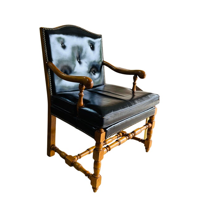 Vintage Barnard & Simonds Black Leather Armchair | 1960s American Traditional | Button-Tufted Leather & Bobbin-Turned Wood For Sale - Image 9 of 18
