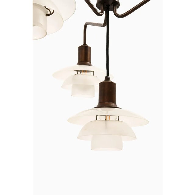 Poul Henningsen Ceiling Lamp with Brown Brass Frame and Glass Shades attributed to Poul Henningsen, 1930s For Sale - Image 4 of 8