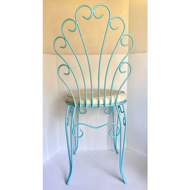 Vintage Aqua Wrought Iron Vanity Chair With Shell-Shaped Scroll Back & Cushion For Sale - Image 10 of 12