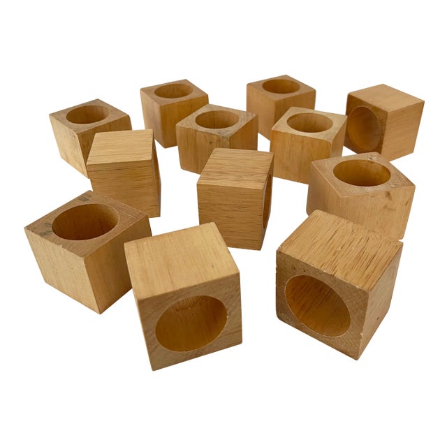 Mid-Century Wooden Block Napkin Rings - Set of 12 For Sale