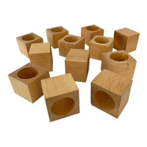 Mid-Century Wooden Block Napkin Rings - Set of 12