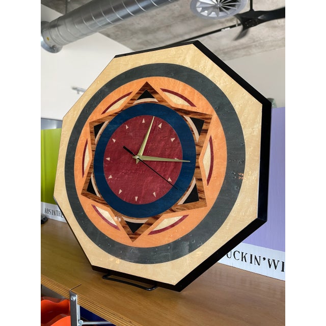 80s Valentino Italian Postmodern Inlaid Wood Marquetry Wall Clock Memphis Design Era For Sale In Las Vegas - Image 6 of 12