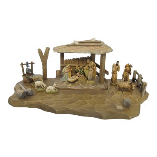 Anri Italy Hand Carved Wood Nativity Barn Stable Set Figures & Animals For Sale