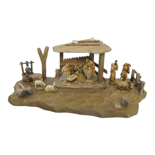 Anri Italy Hand Carved Wood Nativity Barn Stable Set Figures & Animals For Sale
