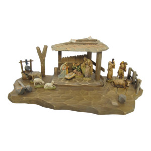 Anri Italy Hand Carved Wood Nativity Barn Stable Set Figures & Animals