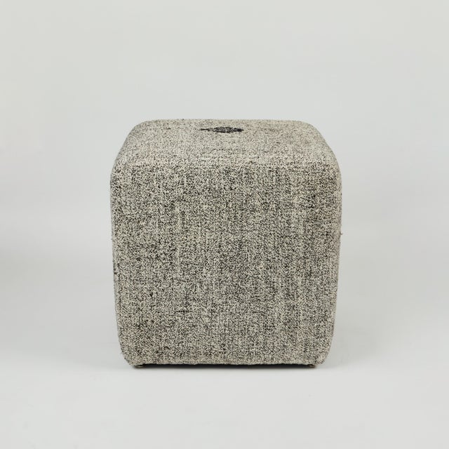 Textile Custom 18" X 18" X 18" Cube Stool, Upholstered in a Vintage Black + Cream Wool Rug, Turkey For Sale - Image 7 of 8