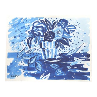 Still Life Flowers Navy Blue White Abstract Expressionist Impressionist Original Painting by Cleo Plowden For Sale