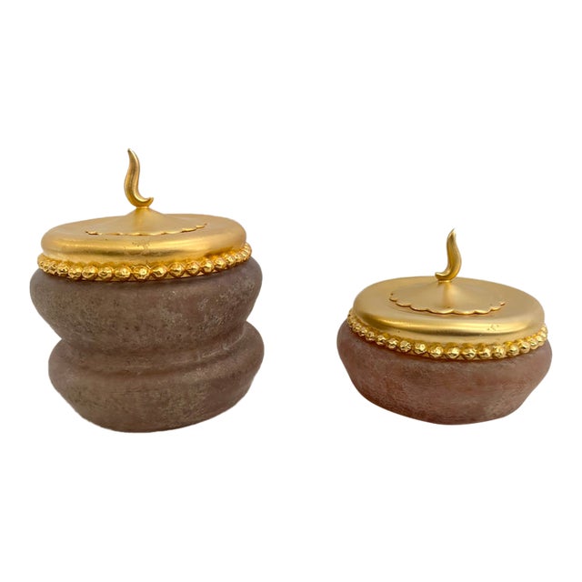 Studio Art Glass Jars With Gold Leaf Tops -a Pair For Sale