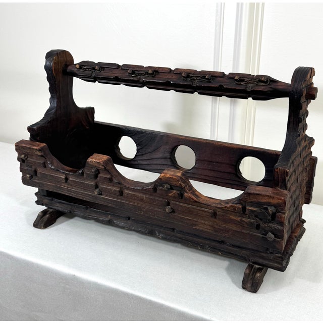 Spanish Revival Solid Wood & Brass Three Wine Bottle Holder For Sale In Houston - Image 6 of 12