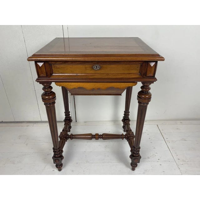 Beautiful styled authentic German walnut wood sewing table with mirror and storage space.With beautiful stylish details...