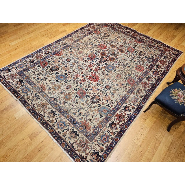Textile Vintage Persian Tabriz Rug, Hand-Knotted Wool, Allover Geometric Pattern, Ivory & Blue, 8x10 For Sale - Image 7 of 18