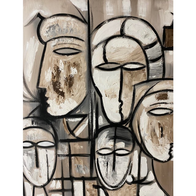 Textile Large Tom Hayward Abstract Figural Painting, Cubist Style Faces, Neutral Tones For Sale - Image 7 of 15
