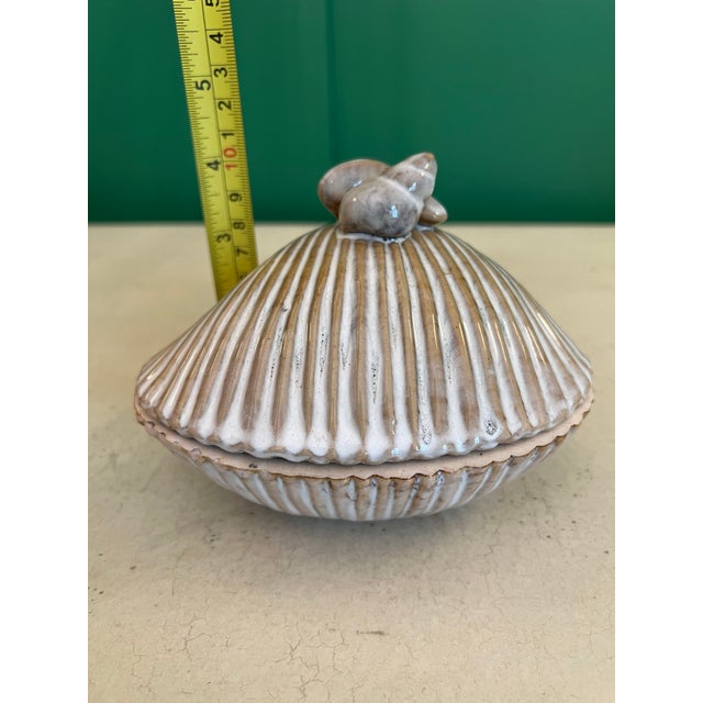 Lovely stoneware box in the shape of a seashell. The handle is also made of stoneware shells. Nice neutral palette.