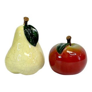 1980s Vintage Portuguese Arts & Crafts Majolica Pear & Apple Salt and Pepper Shakers - Thanksgiving For Sale