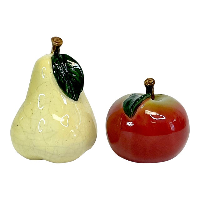 1980s Vintage Portuguese Arts & Crafts Majolica Pear & Apple Salt and Pepper Shakers - Thanksgiving For Sale