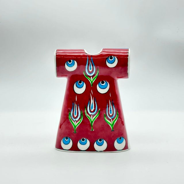Ceramic Handmade Ceramic Ottoman Kaftan Sculpture (13cm) – Red “Nazar” Evil Eye & Tulip Pattern – Cultural Shelf Decor For Sale - Image 7 of 8