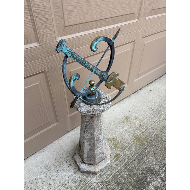Mid 20th Century Classical Verdigris Bronze Armillary Sphere on Pedestal – European Garden Accent For Sale - Image 5 of 12
