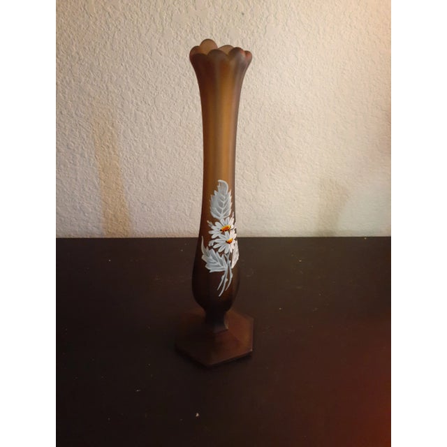 These are Westmoreland Frosted Brown Satin Handpainted Set of 3 of Goblet, Bud Vase & Reticular Heart Shaped Trinket...