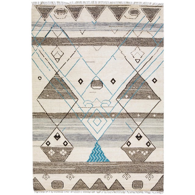 Beige Modern Moroccan Style Handmade Boho Pattern Wool Rug For Sale - Image 11 of 11