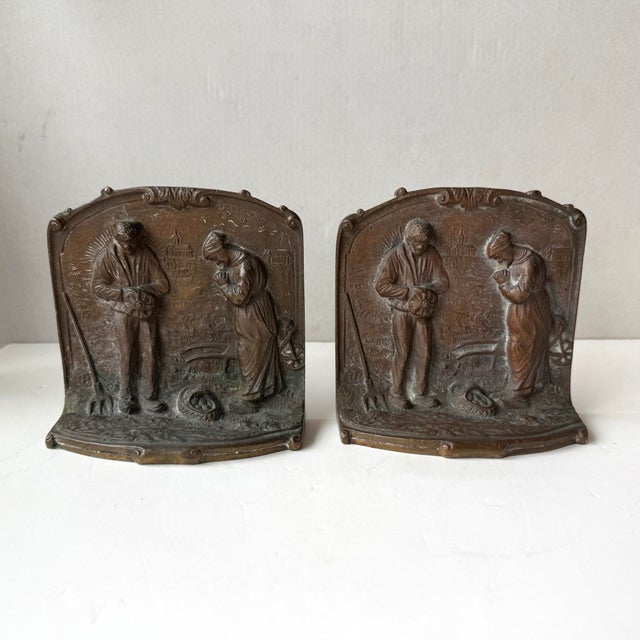 Metal Antique Solid Bronze Embossed Bookends Depicting a Couple in Prayer Styled After the Angelus by Millet For Sale - Image 7 of 9