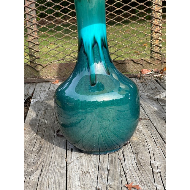 Metal Pair of Oversized Vintage Drip-Glaze Ceramic Table Lamps in Teal and Deep Green, 1970s For Sale - Image 7 of 8