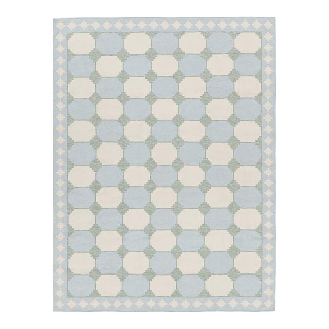 Rug & Kilim’s Contemporary Dhurrie in Blue With Teal and Cream Geometric Patterns For Sale