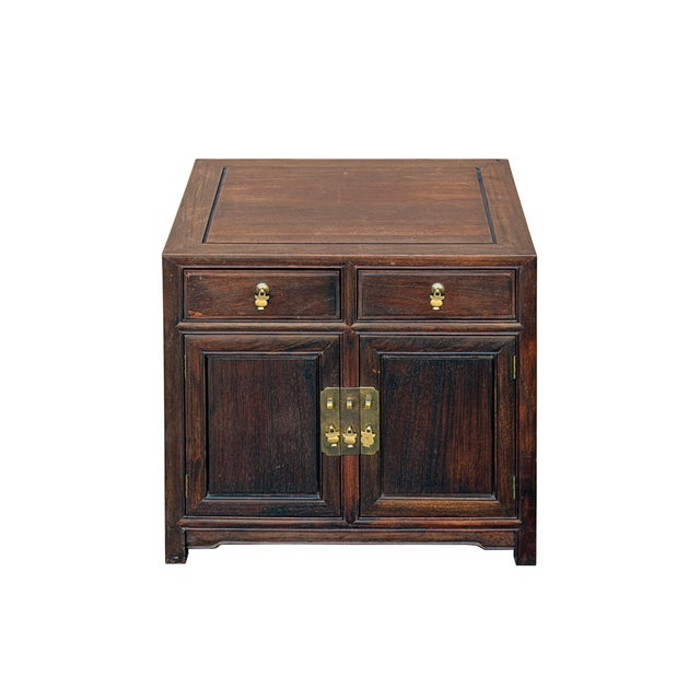 Asian Vintage Brown Wood Patina Deep Wide Side End Table Nightstand Cabinet For Sale - Image 3 of 10