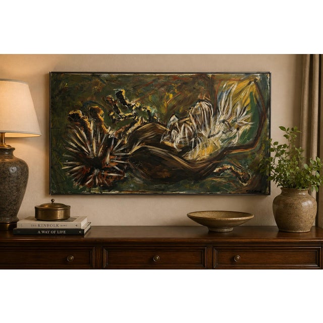 Green Mid-Century Modern Abstract Botanical Oil on Canvas Painting by Heston For Sale - Image 8 of 8