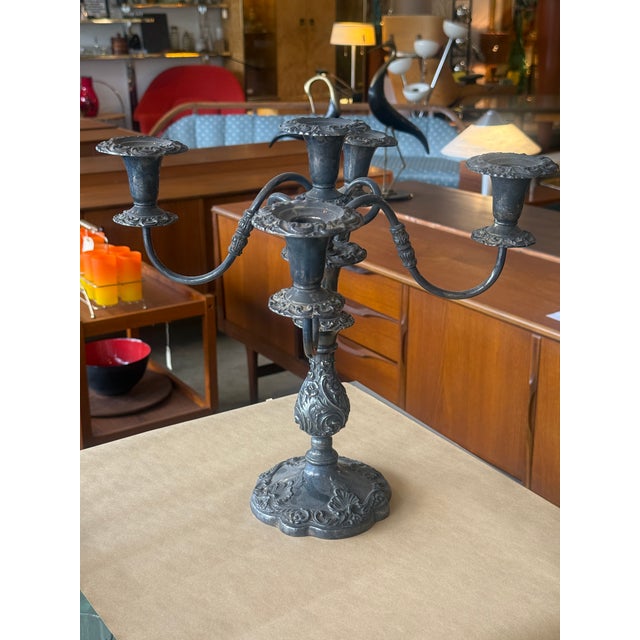Metal Sheffield Antique Rococo Style 5- Light Candelabra For Sale - Image 7 of 9