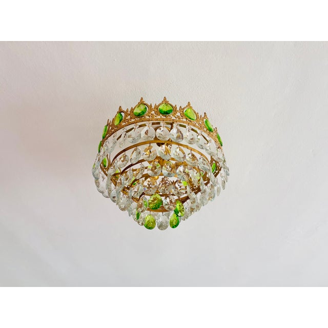 Vintage Hand-Painted Emerald Green & Crystal Crown Flush Mount Chandelier An exquisite vintage flush mount fixture...