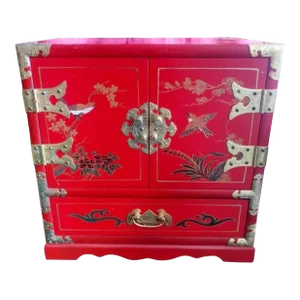 Vintage Red Gold Chinoiserie Asian 4 Drawer Jewelry Storage Dresser Top Chest Box