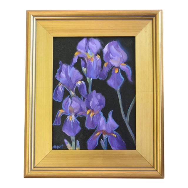 Lavender Purple Floral Botanical Garden Irises Oil Painting Including the Antiqued Gold Wood Frame For Sale