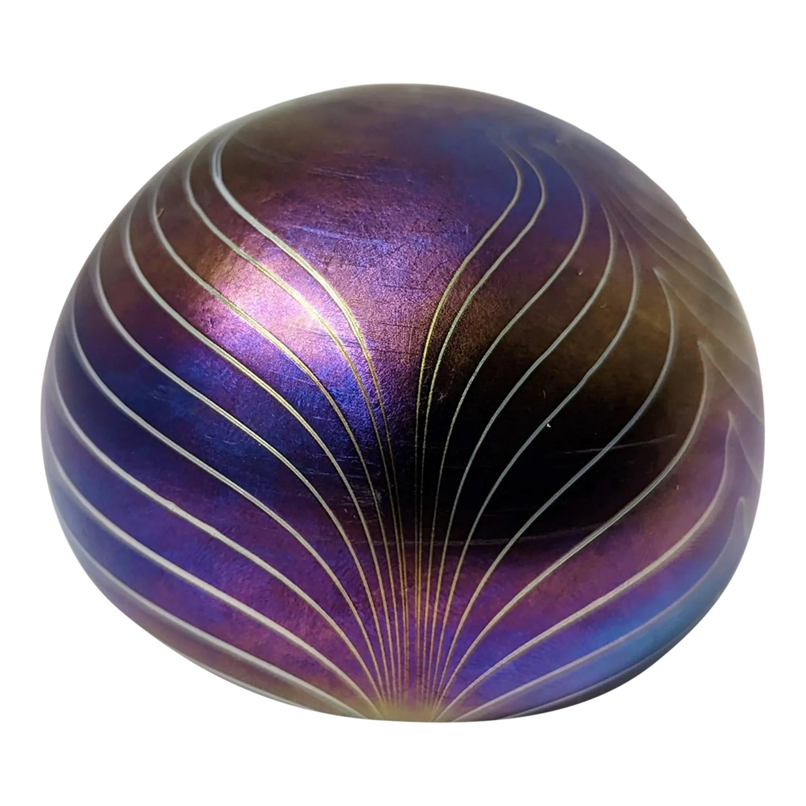 Orient & Flume Art Glass ミルフィオリ ペーパーウエイト Vintage Orient & Flume Art Glass Blue Iridescent Pulled
