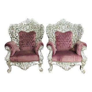 Rococo Style Throne Chair Set of 2 – Purple Mauve Velvet With Silver Leaf Hand-Carved Frame For Sale
