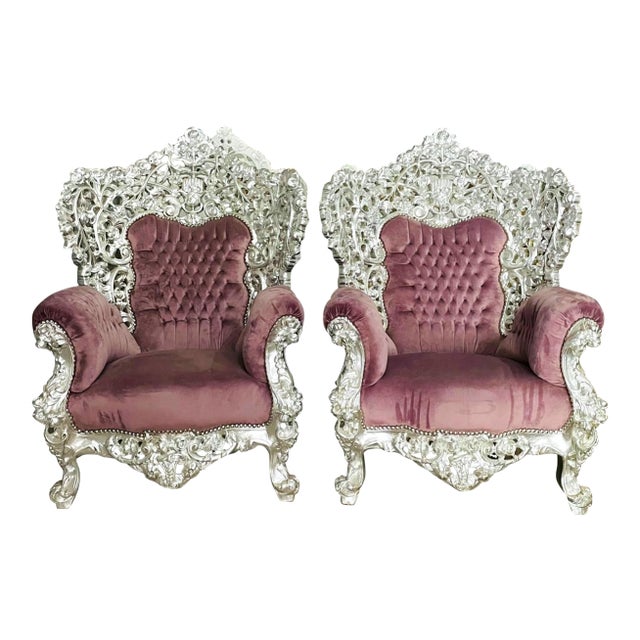 Rococo Style Throne Chair Set of 2 – Purple Mauve Velvet With Silver Leaf Hand-Carved Frame For Sale