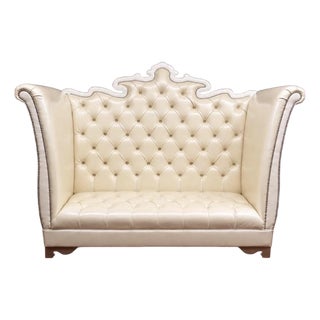 Early 20th Century Hollywood Regency Style Ivory Tufted High-Back Loveseat For Sale