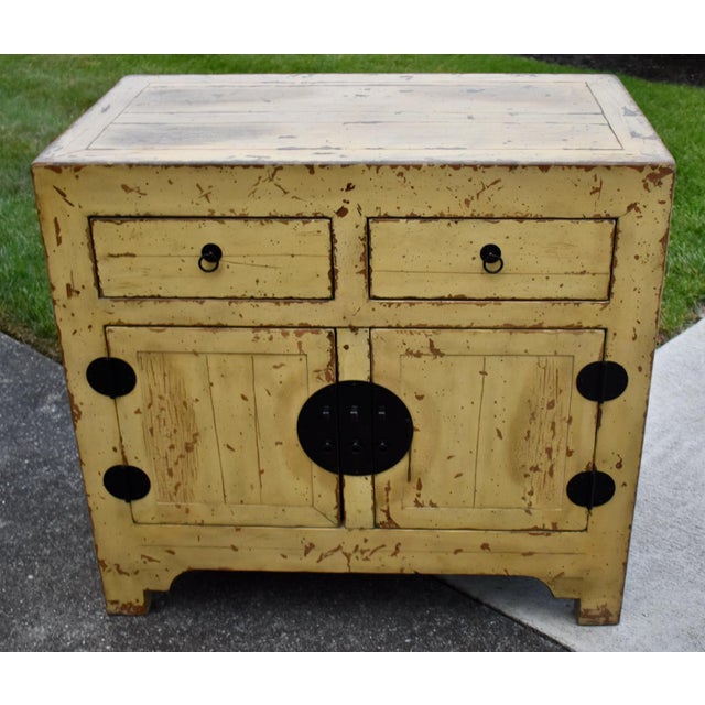 Chinese Wood Painted Cabinet Ming Style Distressed Yellow For Sale - Image 9 of 16