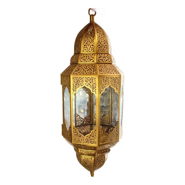 Large Handmade Moroccan Brass Lantern – Marrakech Hanging Pendant Light – Vintage Islamic Chandelier – Boho Home Decor For Sale