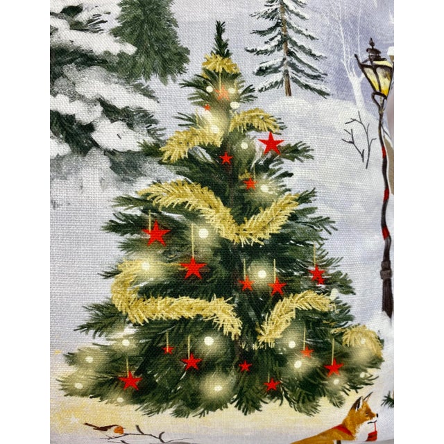 English Festive Santa With Animal Friends Christmas Themed Bolster Pillow With Red Velour-Like Back - Made in U K For Sale - Image 3 of 12