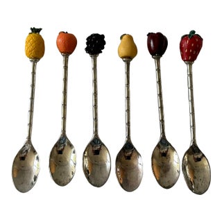 Mid 20th Century Set of 6 Italian Silver Plate Teaspoons With Fruit Theme For Sale
